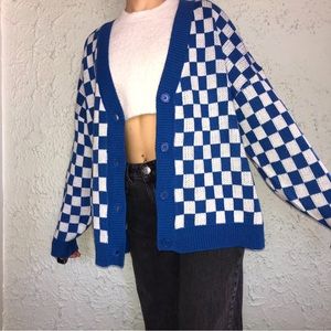 FOREVER 21 Blue & White Knitted Checkered Cardigan Sweater
